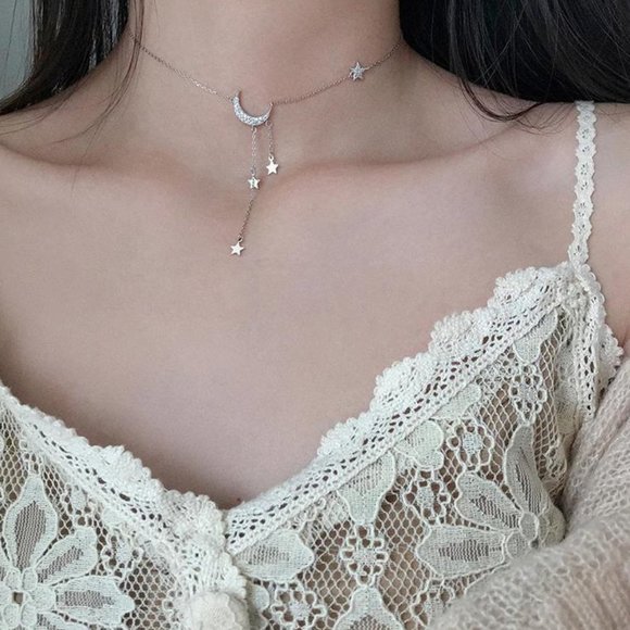 *925 Sterling Silver Diamond Moon Star Necklace A - Picture 3 of 6